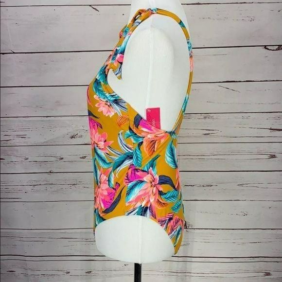 XHilaration Women's Mustard Floral One Piece Bathing Suit Swimwear Size Large - Picture 4 of 11